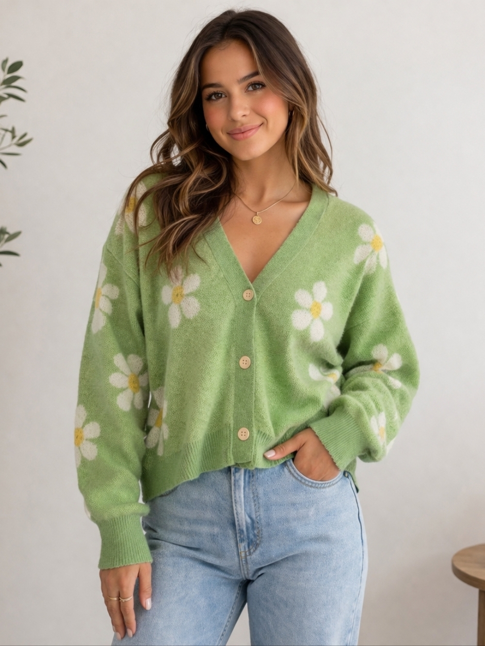 Earthbound Trading Company Green Daisy Smiley Face Knit Cardigan Sweater Size L